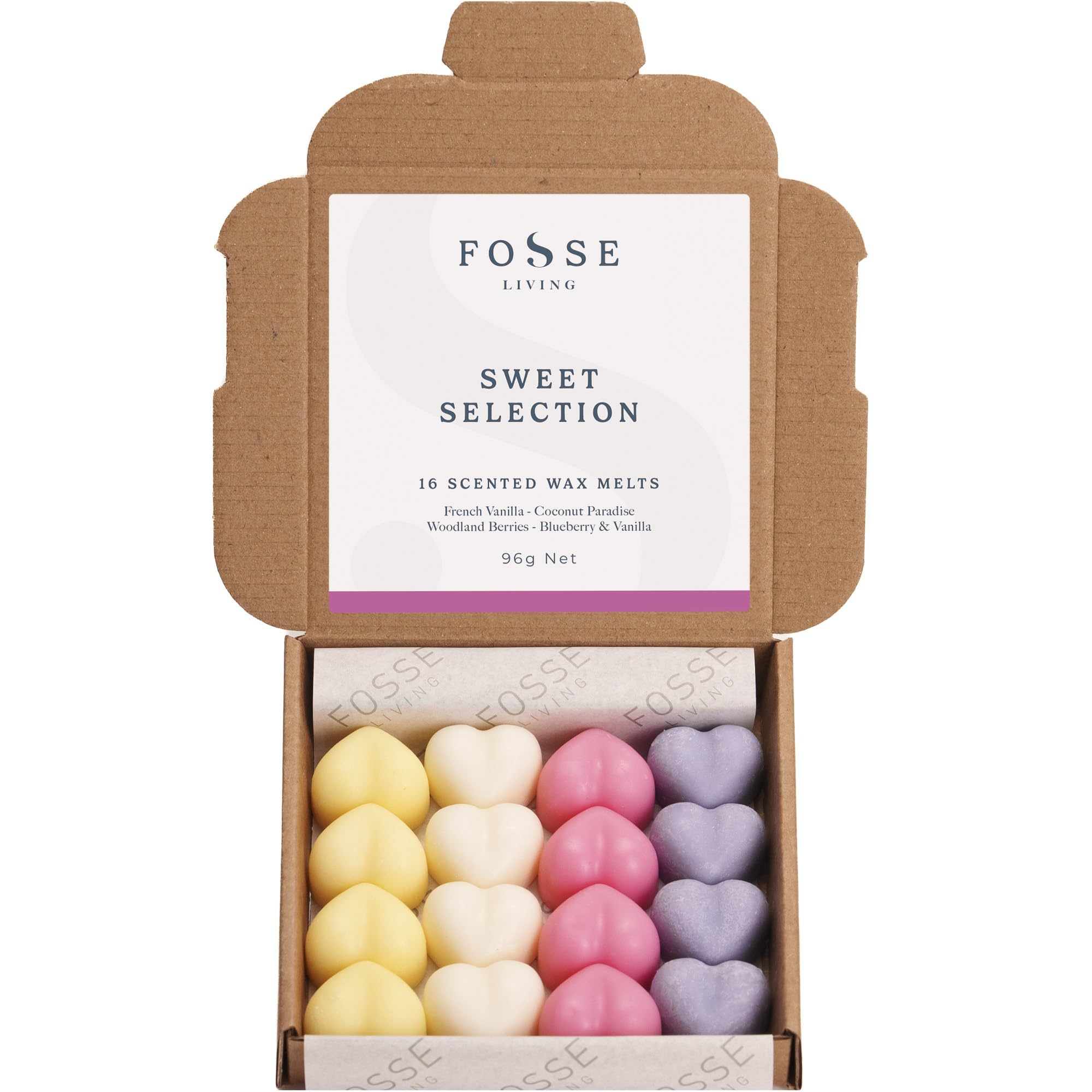 Sweet Selection Soy Wax Melts 16 Pack | French Vanilla, Coconut Paradise, Woodland Berries & Blueberry Vanilla | Natural, Vegan & Plastic Free | Up to 96 Hrs Scent | Handmade in UK – Fosse Living