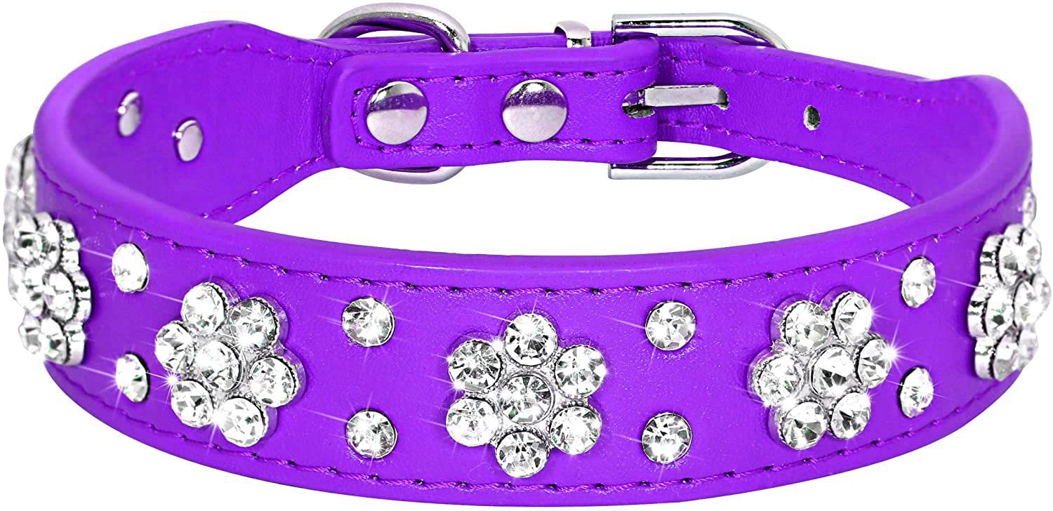 haoyueer Rhinestone Dog Collar, Cute Flower Rhinestone Cat Dog Collar Bling Collar PU Leather Collar Adjustable Sizes Small Medium Large (S, Purple)