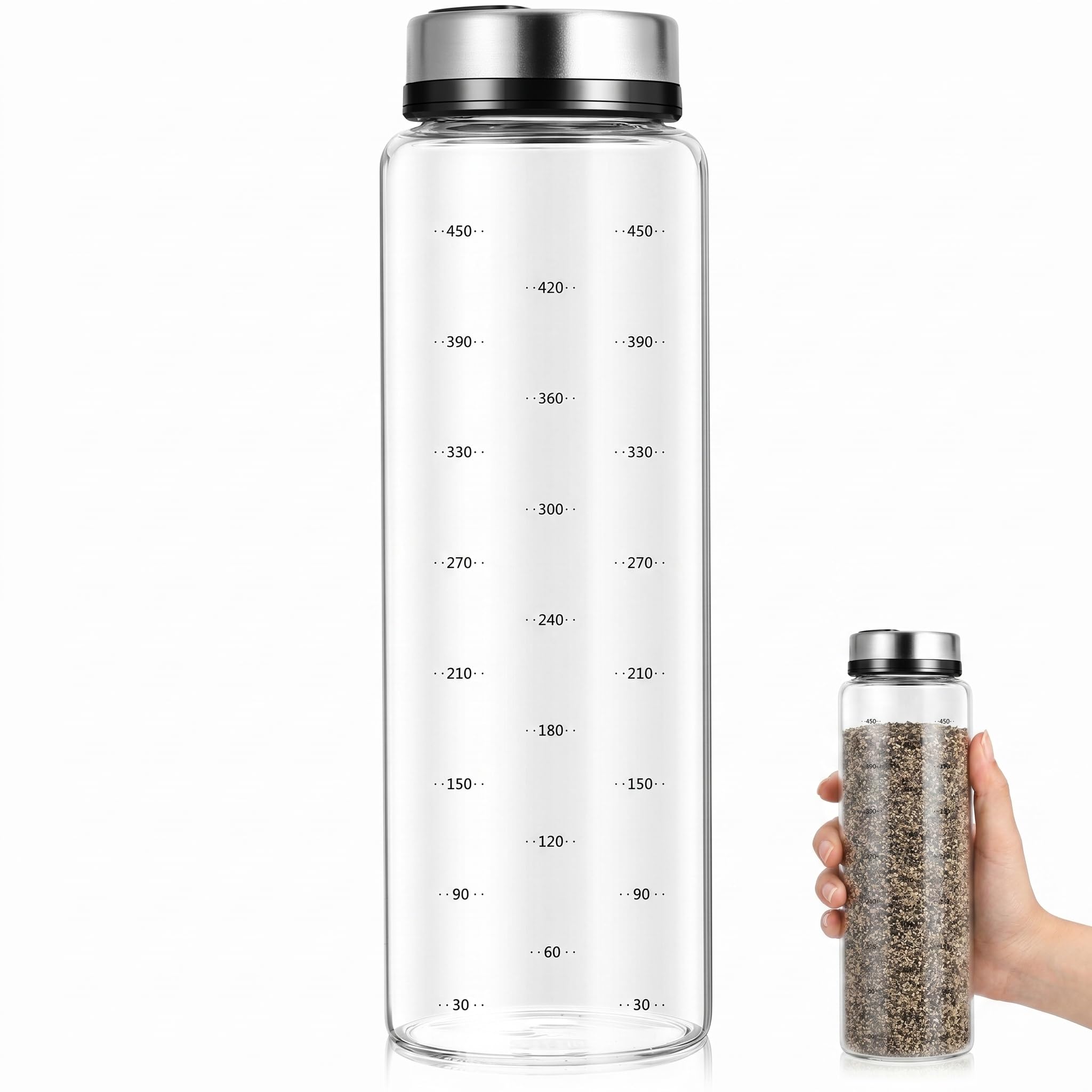 DOITOOL Glass Salt Pepper Shaker with Adjustable Pour Holes and Measurements, 500ml Clear Glass Seasoning Shakers with Stainless Steel Lids, Moisture Resistant Spice Dispenser for Kitchen Restaurant
