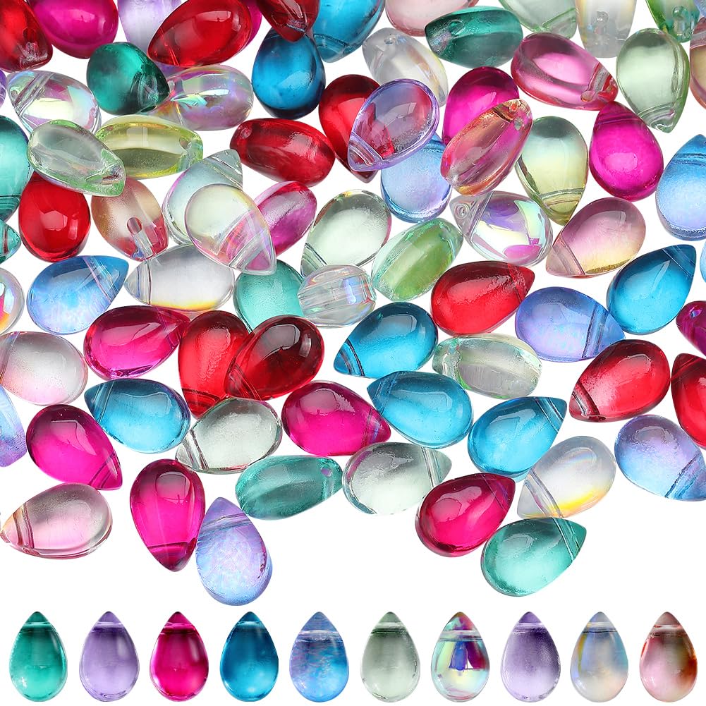 SUNNYCLUE 1 Box 150Pcs 10 Colors Glass Water Drop Beads Teardrop Bead Colorful Transparent Waterdrop Oval Crystal Loose Spacer Bead for Jewellery Making Bead Assortments DIY Crafts Bracelet Necklaces