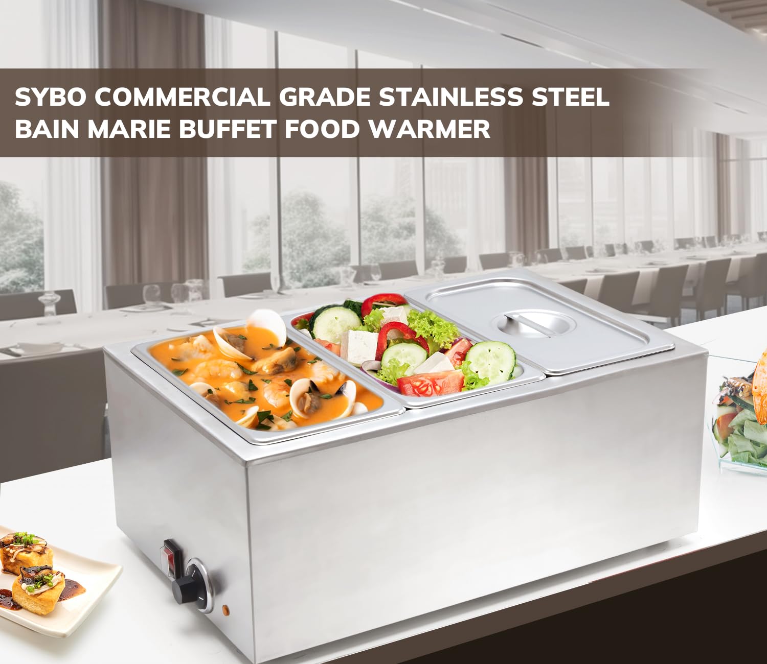 SYBO Food Warmer Commercial Grade Stainless Steel Bain Marie Easy to Clean Steam Table for Buffet Catering and Restaurants, ETL, CE ROHS Certified for Commercial, Safety (3 Sections)