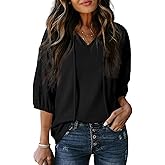 Dokotoo Women's Waffle Knit V Neck Tops Puff Sleeve Tunic Blouse Casual Summer Eyelet Shirts