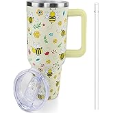 Lumumanber 40 oz Bee Tumbler with Handle and Straw, Travel Mug Water Bottle, Stainless Steel Insulated Cup with Lid and Straw, Birthday Christmas Gifts