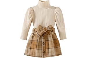 Fernvia Toddler Baby Girl Fall Winter Skirt Set Turtleneck Ribbed Long Sleeve T-Shirt Top & Plaid Skirts Dress 2Pcs Outfits