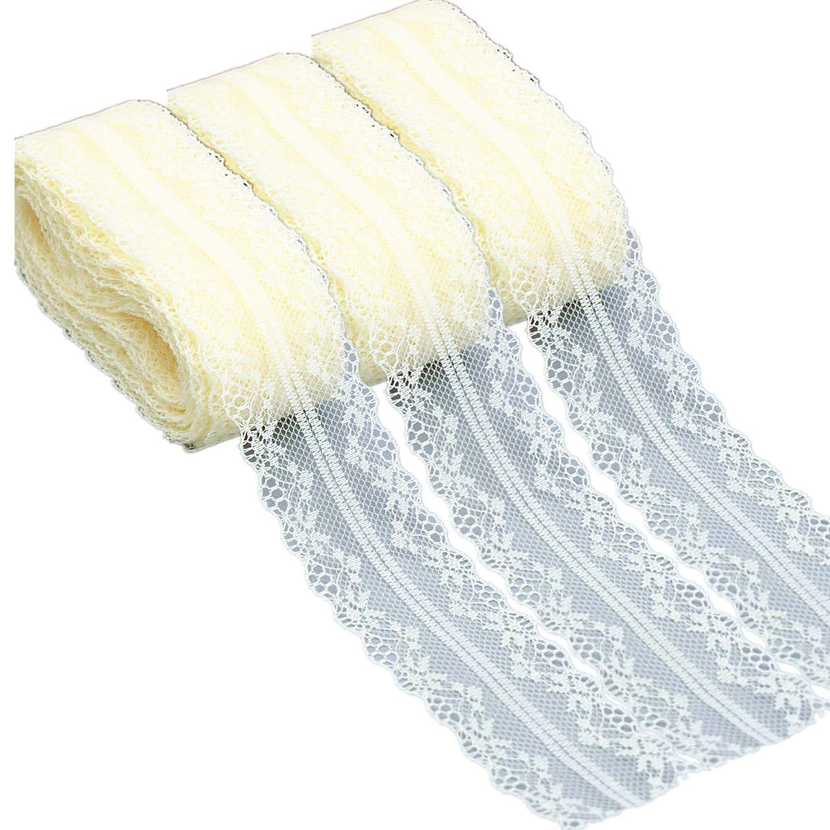 10 Yard 3 Rolls 4cm Wide Cream Lace Trim Ribbon Vintage Fabric for DIY Sewing Making and Bridal Wedding Decorations Gift Wrapping Floral Designing Quilting Patchwork DIY Crafts (Beige)