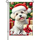 BlissYard Christmas Maltese Puppy Garden Flag 12x18 Inch Double Sided Holiday Dog Welcome Yard Banner Winter Snow Scene Christmas Tree Gift Box Outdoor Lawn Porch Patio Pathway Seasonal Home Decor