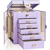 AKOZLIN Jewelry Box Organizer Functional Leather Jewelry Storage Case for Women Girls Ring Necklace Earring Bracelet Holder Organizer with Mirror Purple