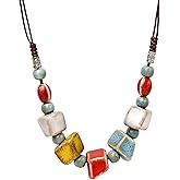 MINACHI Bohemian Hippie Colorful Ceramic Geometric Bead Strand Necklace, Vintage Boho Statement Jewelry Gift for Women