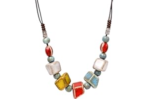 MINACHI Bohemian Hippie Colorful Ceramic Geometric Bead Strand Necklace, Vintage Boho Statement Jewelry Gift for Women