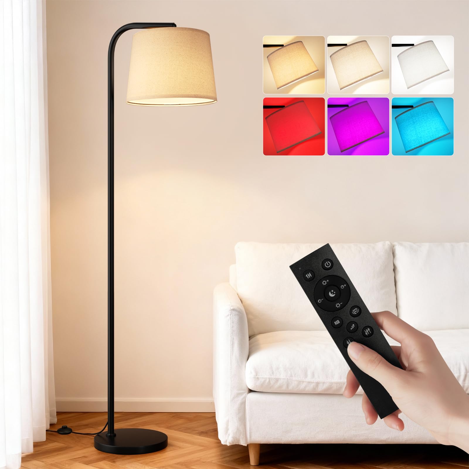 Ambimall RGB Floor Lamp - Remote Control, 8 Colors and 3000K-6500K Color Temperature, Fully Dimmable, Standing Lamp for Living Room with Rotating Head, Tall Lamp for Bedroom (RGB-Black and Beige) Image
