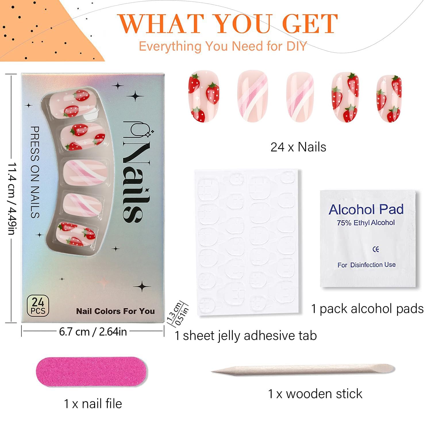 Cute Pink Press on Nails Short Oval Acrylic Fake Nails Sweet Strawberry False Nails with Stripes Design Glossy Artificial Glue on Nails Full Cover Stick on Nails for Women and Girls 24 Pcs - Image 6