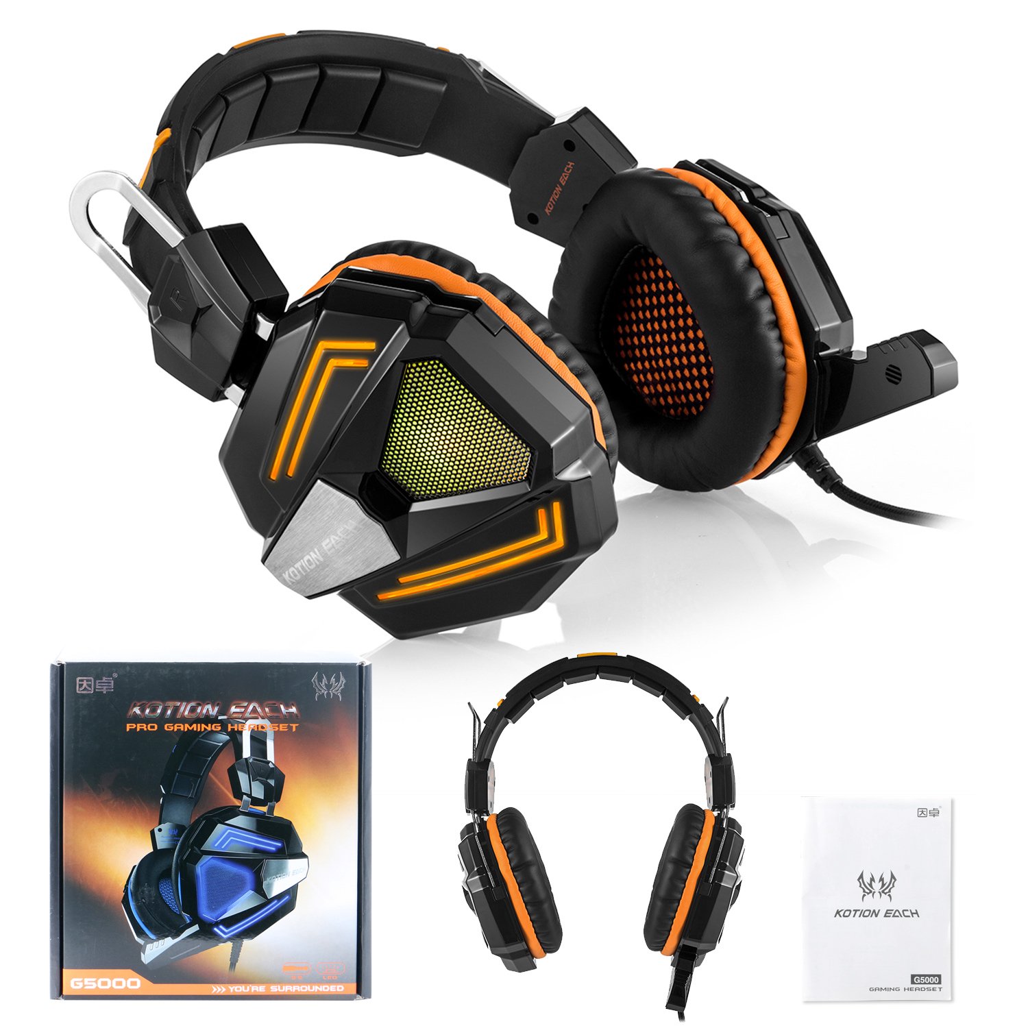 Zakitane KOTION EACH G5000 3.5mm PC Stereo Gaming Headset, Bass Headphones, Comfortable Headband with Microphone, Over-ear fit with Noise isolation, Breathing LED Light for Laptops or Computers