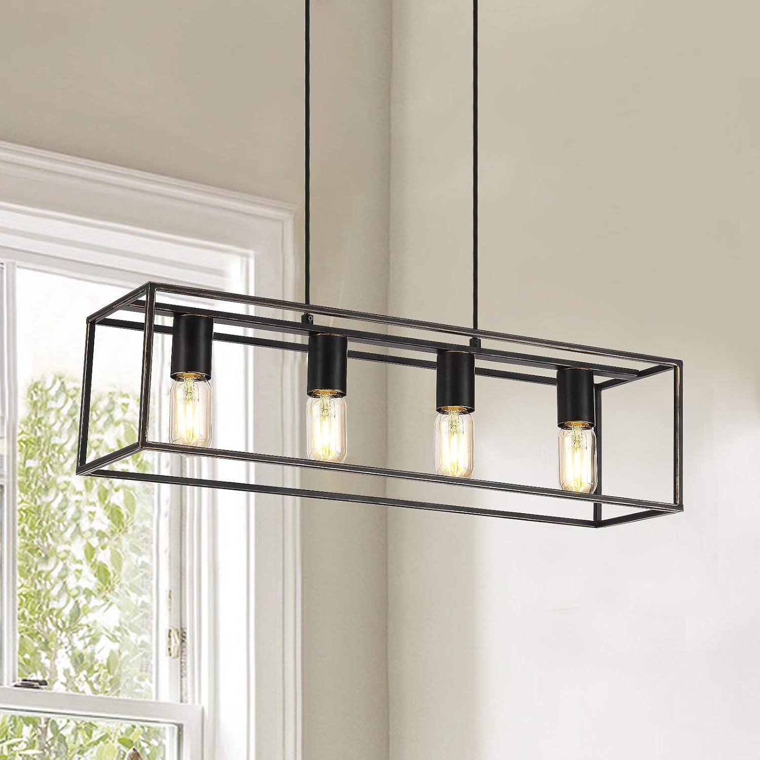 Industrial Linear Pendant Light Fixture, 4-Light Kitchen Island Lighting with Metal Open Frame . (Black+Brushed Gold, 4-Light) - - 