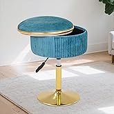 MRITWAII Adjustable Vanity Stool with Storage, 360° Swivel Makeup Stool Chair Small Velvet Round Ottoman with Gold Base for Bedroom (Blue)