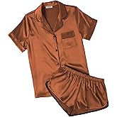 Ekouaer Womens Silk Satin Pajamas Short Sleeve PJS Shorts Set Soft Button Down Sleepwear 2 Piece Loungewear S-5XL