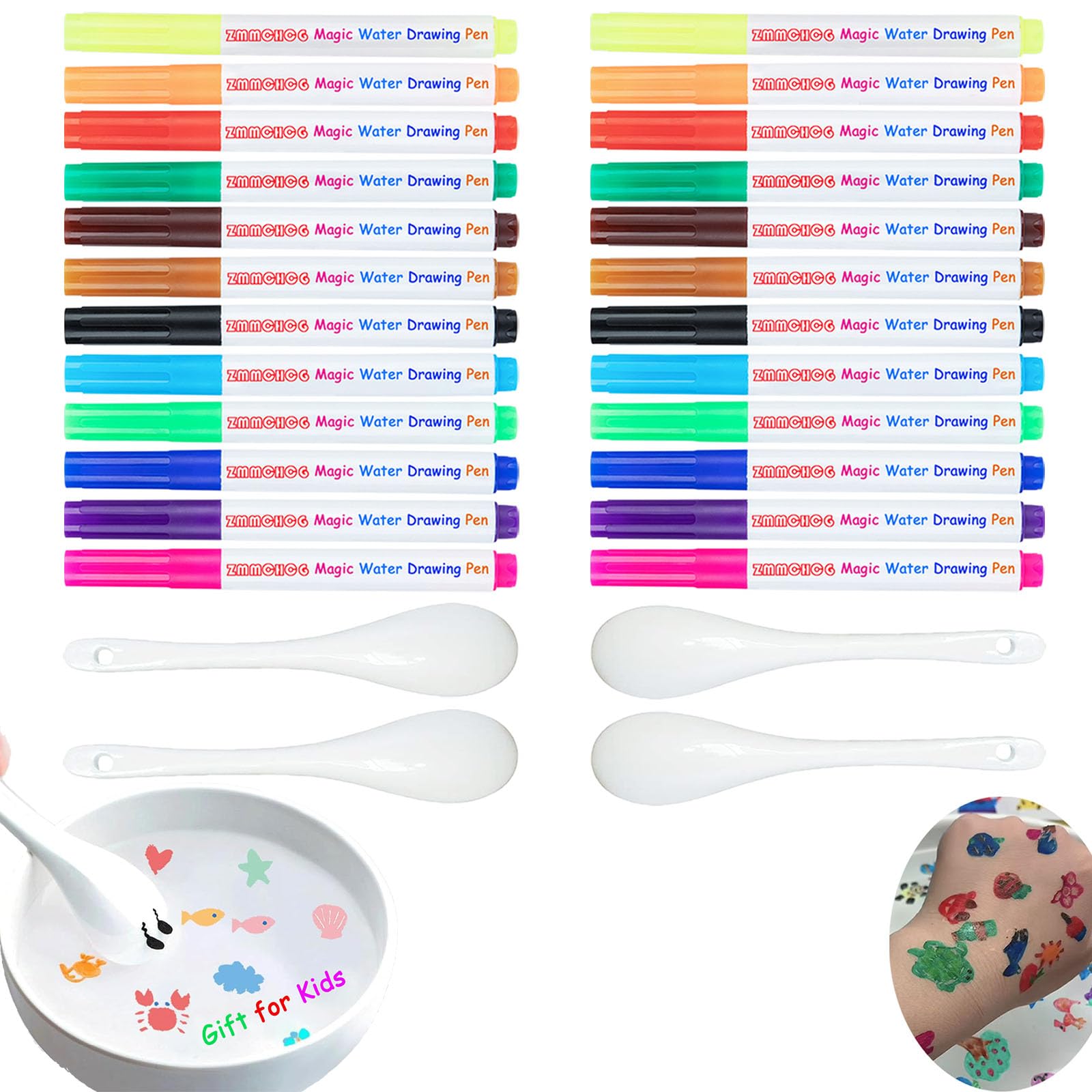 Photo 1 of 2 Sets Magical Water Painting Pens for Kids, Kiddies Create Magical Floating Drawings Bundle, 24 Magic Drawing Water Art Markers with 4 Spoons, DIY Tattoo Ink Pen Kit, Children's Gifts for Boys Girls