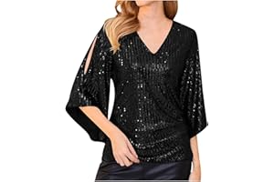 SINZELIMIN Womens Sequin Shirts 3/4 Sleeves V-Neck Glitter Sparkly Party Blouse Tops Dressy Shirts T-Shirt for Evening Party