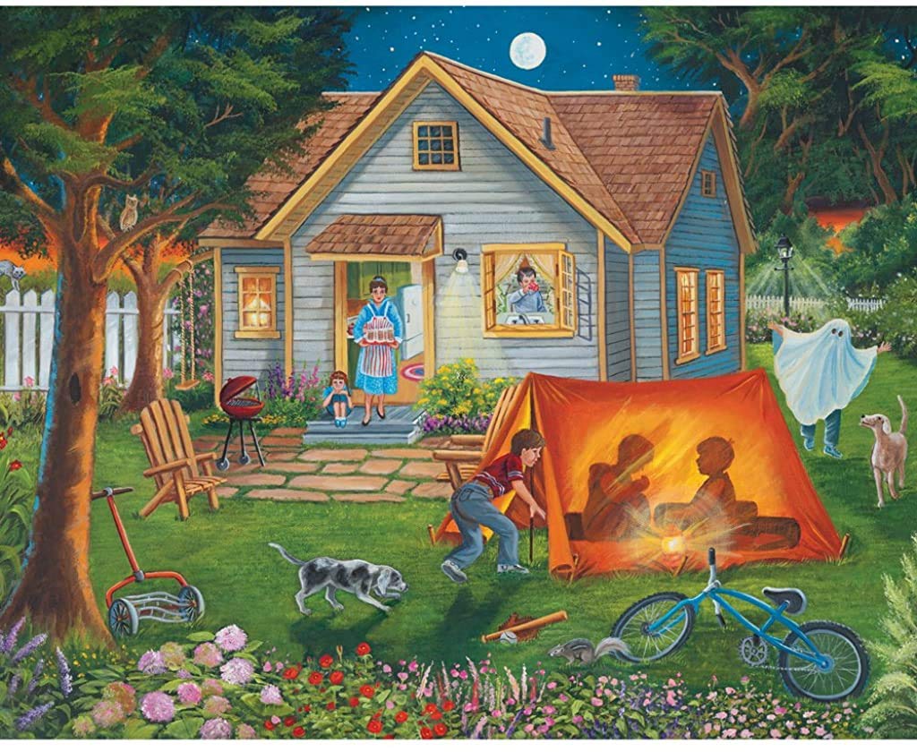 Bits and Pieces - 500 Piece Jigsaw Puzzle -Backyard Camping - Family Fun House - by Artist Christine Carey - 500 pc Jigsaw
