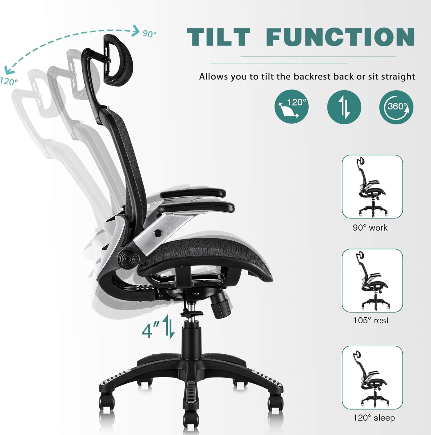 Gabrylly Ergonomic Mesh Office Chair, High Back Desk Chair - Adjustable Headrest with Flip-Up Arms, Tilt Function, Lumbar Support and PU Wheels, Swivel Computer Task Chair: Furniture & Decor