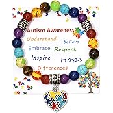 PDOUSELF Autism Awareness Bracelet with Colorful Heart Puzzle Piece 7 Chakra Gemstone Beaded Elastic Bracelet Autistic Gift