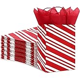 JarThenaAMCS 30Pcs Christmas Paper Bags with 50 Sheets Tissue Paper Red White Stripe Treat Gift Bags with Handles Candy Goodie Bags for Winter Xmas New Year Party Supplies