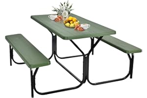 GYMAX Picnic Table, Easy to Assemble Picnic Bench w/All Weather Wood Grain Tabletop & Metal Frame, Picnic Tables for Outdoors