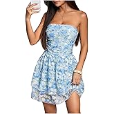 Milumia Women's Floral Layered Strapless Tube Mini Dress Boho Ruched Ruffle Mesh Dresses