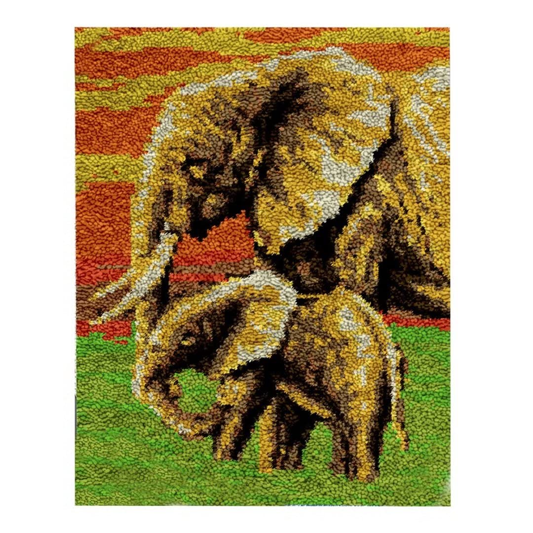 Mother Elephant and Calf​​ Latch Hook Kit 50x38cm, Complete DIY Rug Making Craft Kits with Yarn & Canvas and Crochet Needle, Adult Craft Kits for Women, Latch Hook Rug Relaxing Home Art Project