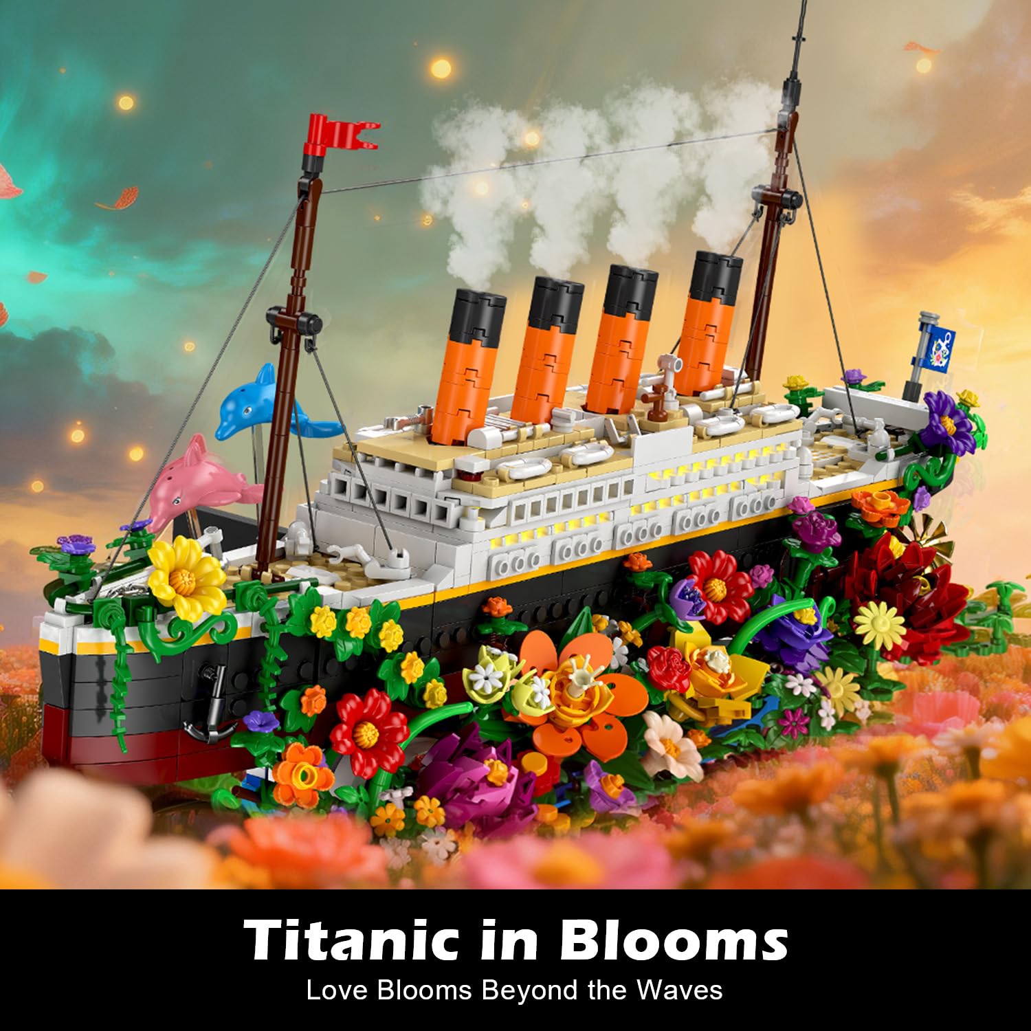 INSOON Blumen Titanic Bauspielzeug mit Licht, 1860 Stück Titanic Schiff Modell Klemmbausteine mit Blumen & Pflanzen, Deko Bausteine Geschenk für Erwachsene Jugendliche Jungen Mädchen ab 12 Jahren 4