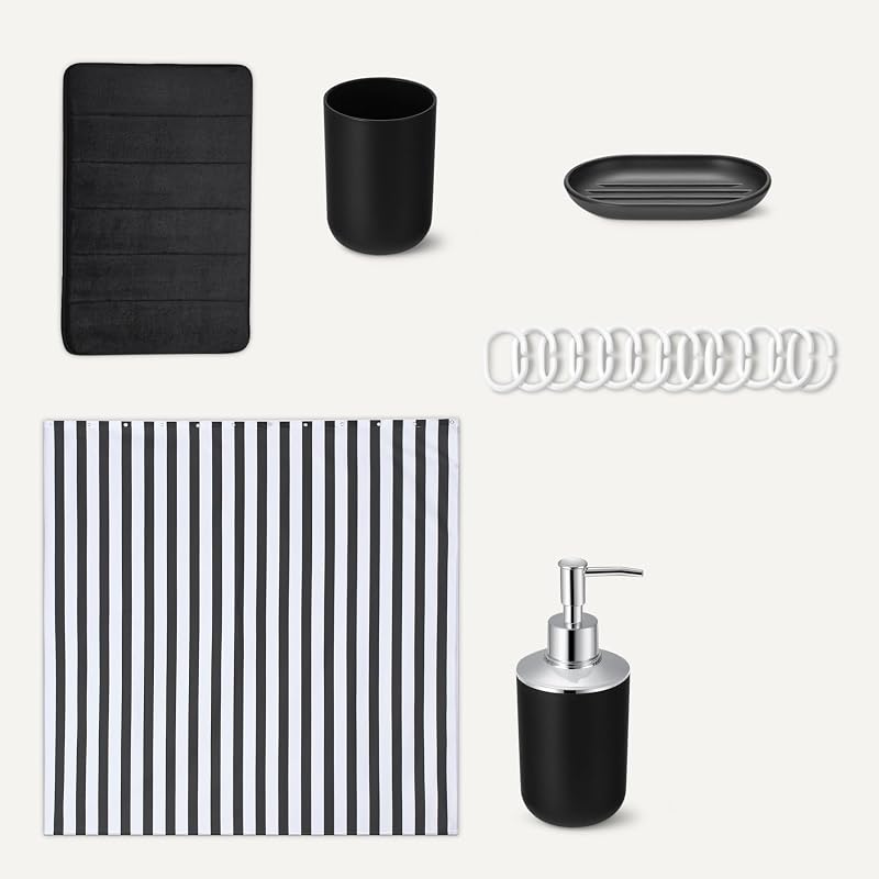 Conjunto de acessórios para a casa de banho: cortina de duche com ganchos, tapete de espuma viscoelástica, dispensador de sabonete, porta-sabonetes, suporte para escova de dentes e vidro, preto