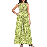 ChiaoLezhee Sexy Vest and Pants Set for Women, Tie-front Smocked Tops, Tiered Flared Pants, 2 Piece Outfits for Vacation