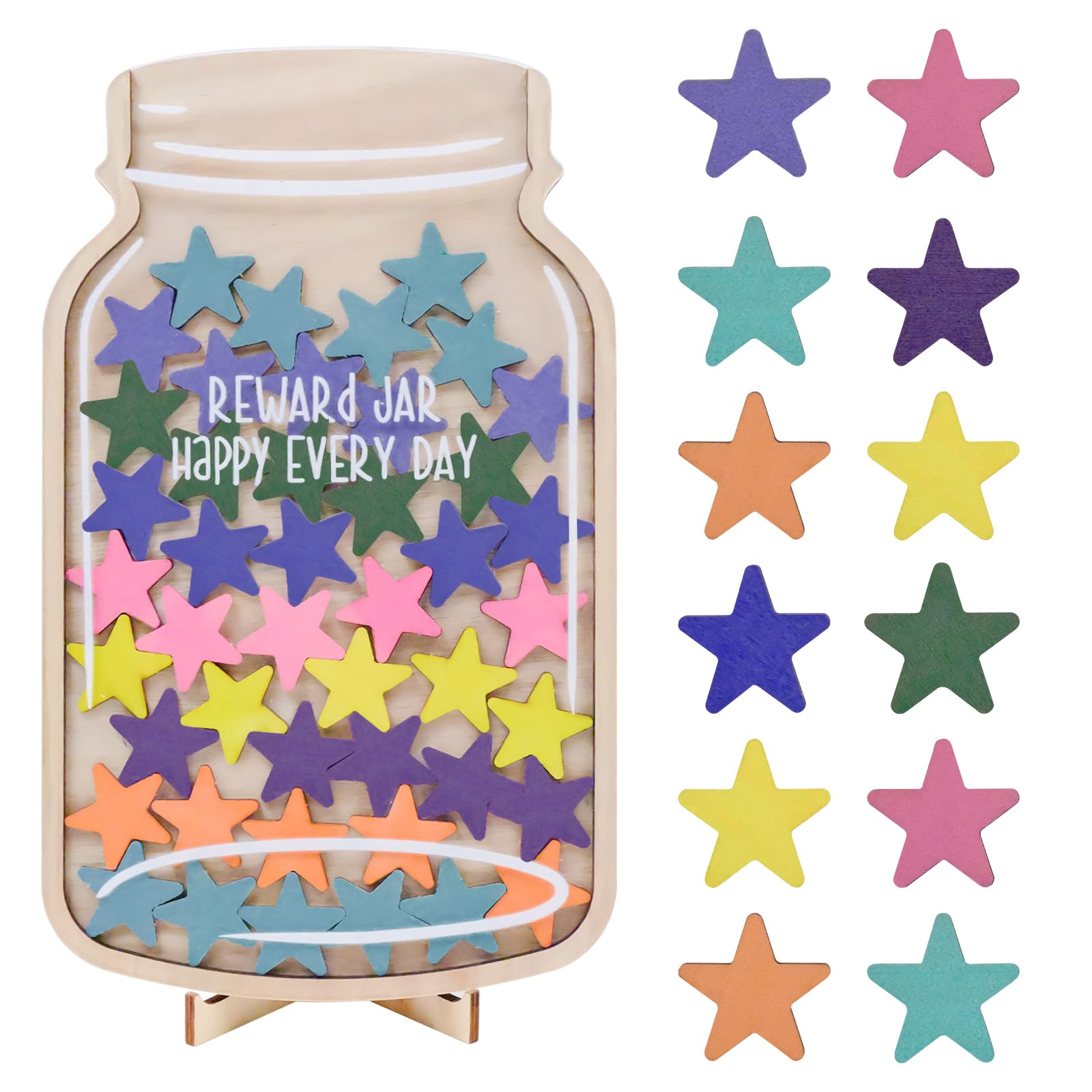 Reward Jar with 45 Stars, Star Jar Reward System, Reward Jars for Children, Wooden Colorful Star Reward Jar for Children's Behavior for Home School Classroom Teacher Parent