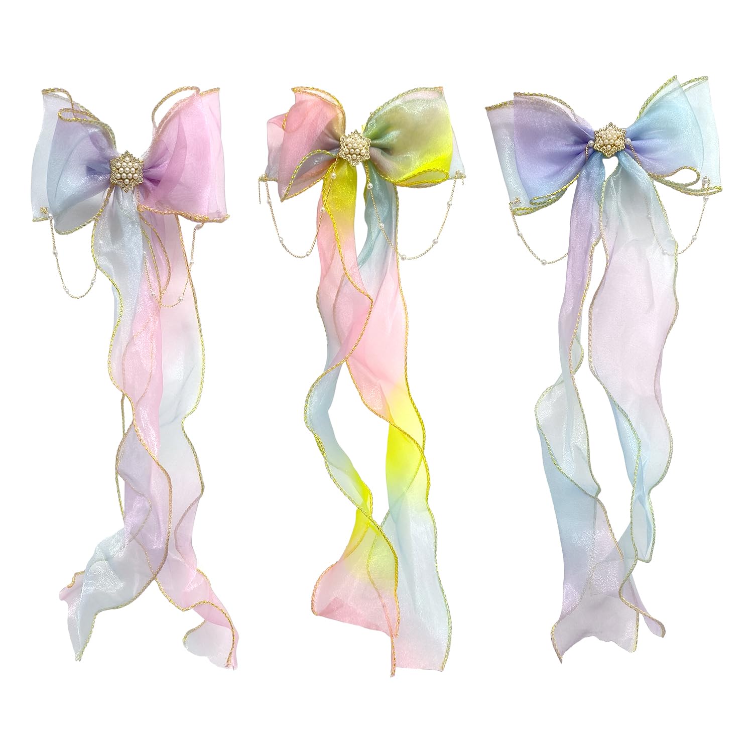 3pcs Butterfly Colorful Ribbon Clips, Pearl Chain Streamers, Girls Princess Wedding and Party Hair Accessories, Children's Hair Accessories