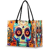 AUUXVA Beach Tote Bag Mexico Day Of The Dead Sugar Skull Large Travel Bag Utility Tote Bag Women Shoulder Bag Reusable Grocery Bag with Zipper Pouch for Travel Shopping Work School