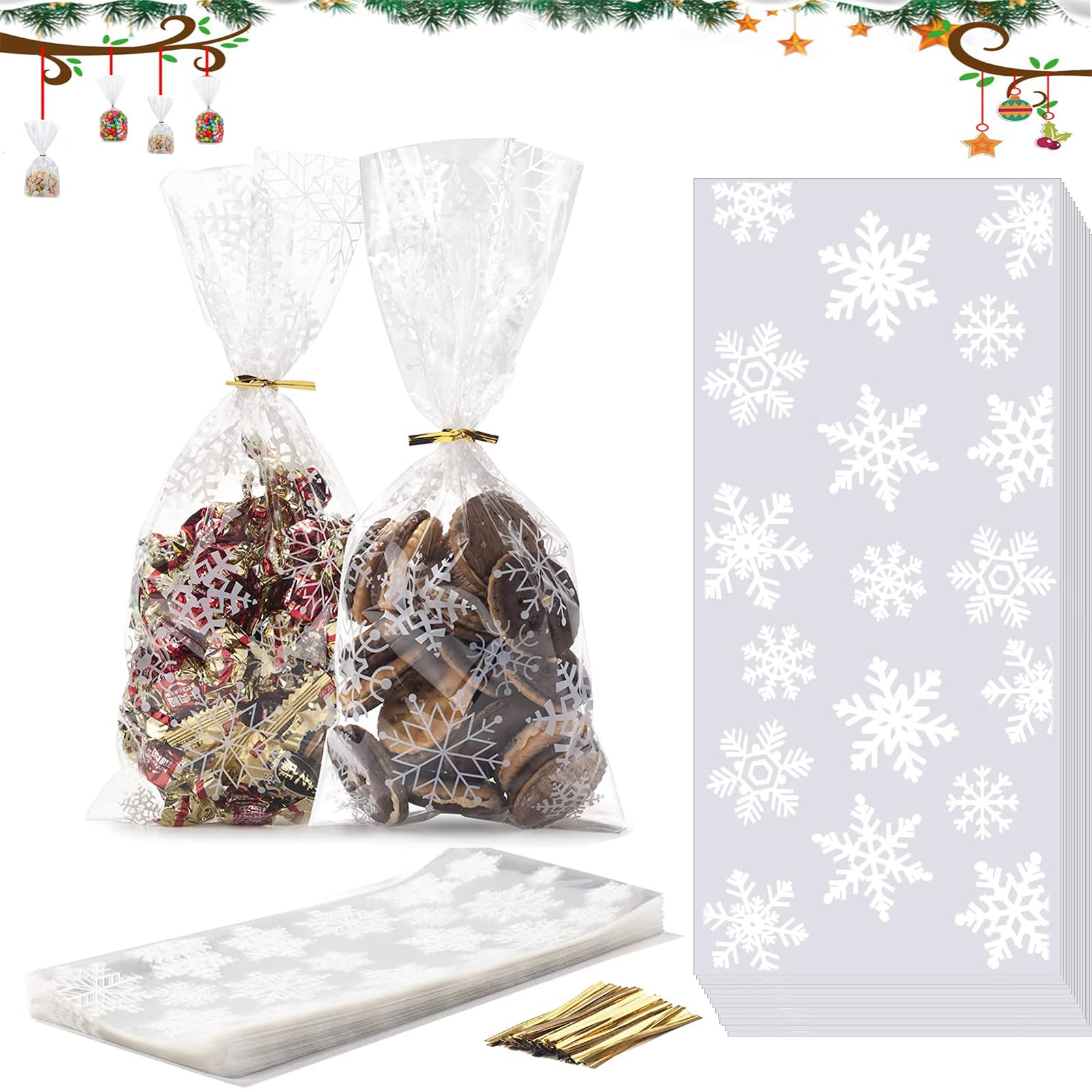 OUQIWEN 100Pcs Christmas Cellophane Bags,Christmas Candy Bags,Clear Treat Bags,Cookie Bags with 100 Twist Ties