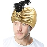 SIQITECHNO Indian Turban Golden Sultan Hat Pleated Plume Arabian Prince Headwrap Swami Hat Arabic Genie Wise Man Headwear Costume