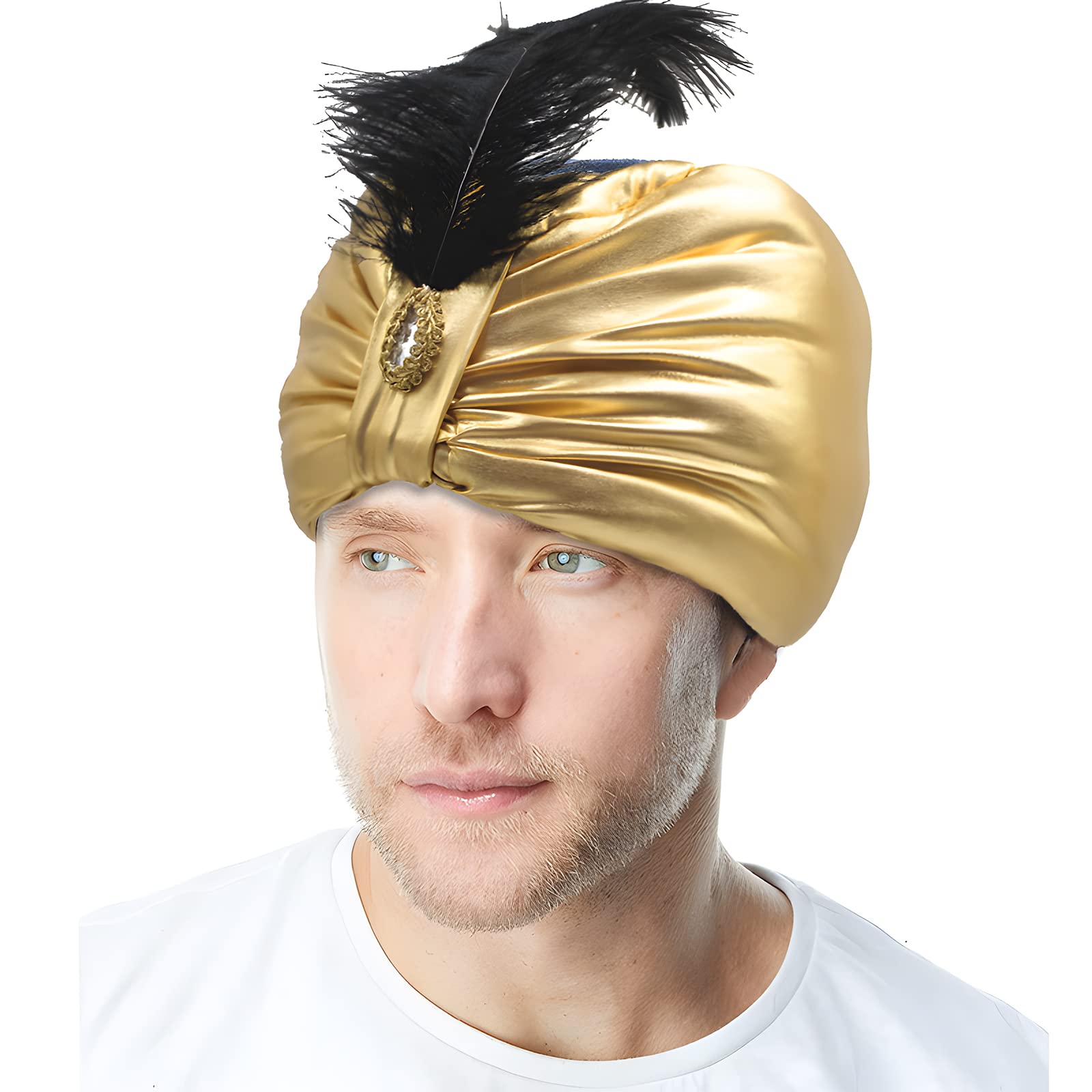 Aladdin Turban Hat Gold Arabian Prince Hat Cap with Feather Indian Pleated Head Wrap Cap Aladdin Theme Party Fancy Dress Headdress Props Arab King Hat Costume Accessories for Halloween Cosplay