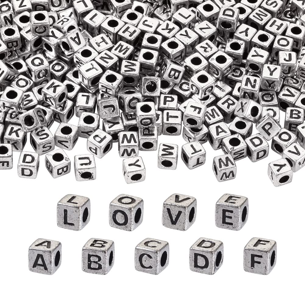 Craftdady 1000pcs Acrylic Cube Letter Beads Silver Black Initial Alphabet Large Hole European Beads for DIY Friendship Bracelet Jewellery Making Hole:3.8mm — image 1