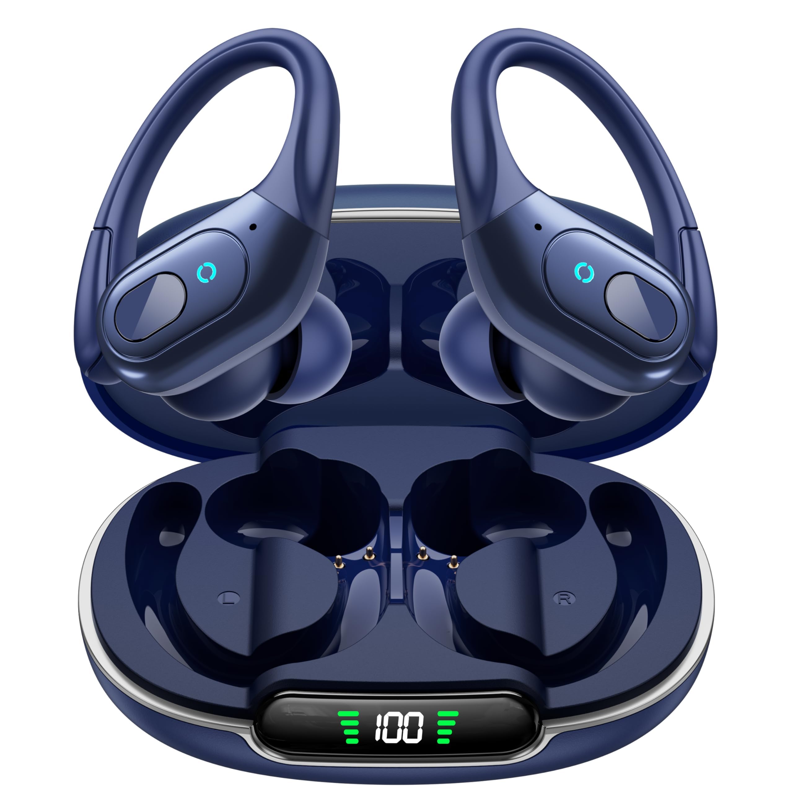 occiam Active Noise Cancelling Ear Buds Bluetooth Headphones Wireless Earbuds 90Hrs Playback Stereo Bass Earphones with Over-Ear Hooks IPX7 Waterproof Earbud for Sports Running Gym Workout Deep Blue Image