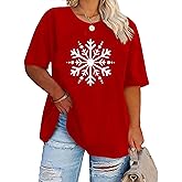 Plus Size Christmas Shirt Women Xmas Snowflake Graphic Top Casual Short Sleeve Xmas Holiday Shirts Top
