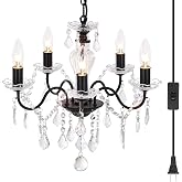 Chanlited Plug in Modern 5-Light Black Chandelier with Glass Crystals, Candle Style Pendant Light Fixtures for Living Room, Girls Room, Kitchen Island, Entryway