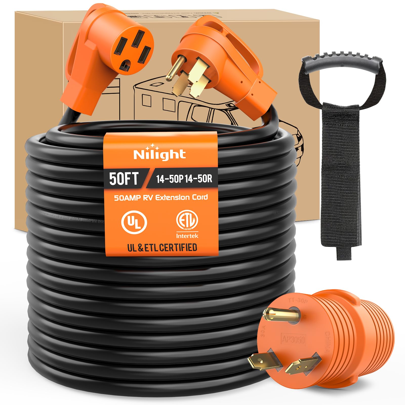 Nilight 50FT 50 Amp RV Extension Cord with Adapter 30Amp to 50Amp 250V Heavy Duty 6/3+8/1 Gauge Pure Copper STW Wire UL ETL Listed 4 Prong 14-50P 14-50R Weatherproof Suit for Generators Camper Image Nilight 50FT 50 Amp RV Extension Cord with Adapter 30Amp to 50Amp 250V Heavy Duty 6/3+8/1 Gauge Pure Copper STW Wire UL ETL Listed 4 Prong 14-50P 14-50R Weatherproof Suit for Generators Camper Image