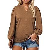 Plus-Size-Tops for Women Dressy Puff Lantern Long Sleeve Shirts Cute Notch V Neck Casual Tunic Blouses XL-5XL