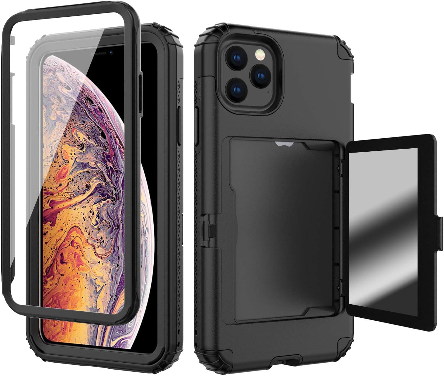 iPhone 11 Pro Max Case, AUSURE Defender Wallet Credit Card Holder Cover with Hidden Mirror 3 in 1 Shockproof Heavy Duty Protection All-Round Armor Protective Case for iPhone 11 Pro Max (Black)