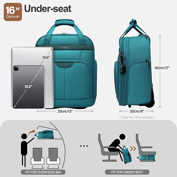 TIAWOLT PERSONAL ITEM 16-INCH UNDERSEAT CARRY ON LUGGAGE WITH WHEELS LIGHTWEIGHT WHEELED UNDERSEATER UNDER SEAT BAGS FOR AIRPLANES UPRIGHT 2 WHEEL,BOY AND GIRL,TEAL GREEN