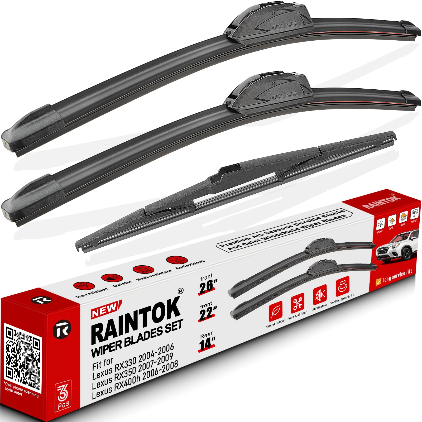 Photo 1 of **UNTESTED**
RAINTOK Windshield Wiper Blades Replacement for Lexus RX330 2004-2006, RX350 2007-2009, RX400h 2006-2008 - Front Rear Wipers Blade Set 26" 22" 14" (Pack of 3)