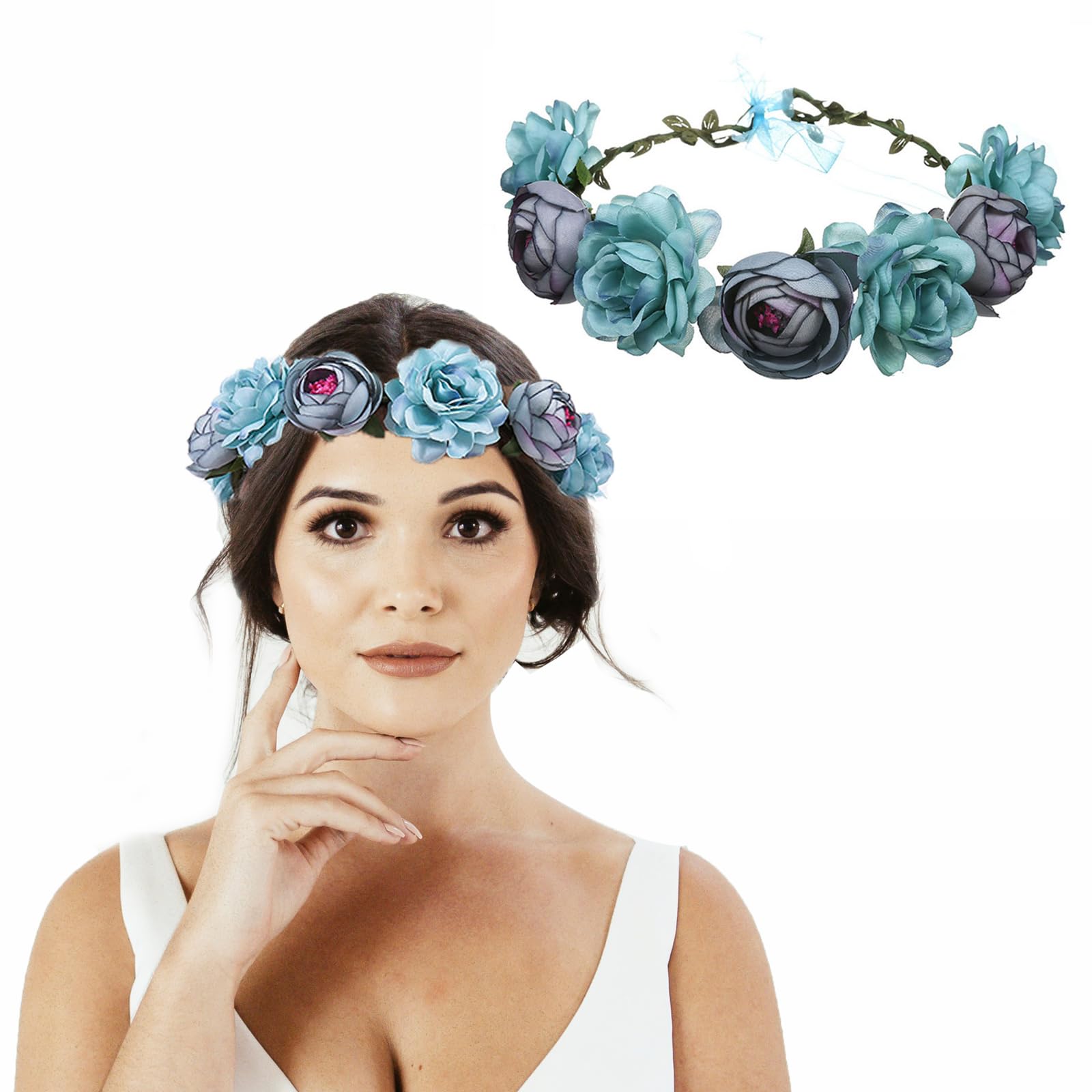 AWOCAN Flower Crown Headband Women Flower Headpiece Boho Artificial Flowers Bridal Flower Headband Wreath Crown for Wedding Festival Party Photography (blue)