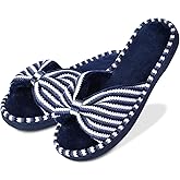 DL Women's Memory Foam Open Toe Slide Slippers with Cute Bow and Cozy Terry Lining, Slip-on House Shoes Spa Mules Sandals with Indoor Outdoor Rubber Sole, Navy, 5-6