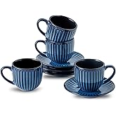 Hasense Ceramic Cappuccino Cups and Saucers Set of 4, Ribbed 6 Oz Demitasse Tea Cup with big Handle, Mugs Set for Coffee,Tea,Latte and Mocha, Aesthetic Gift for Anniversary or Holiday, Blue