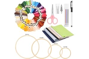 Hilitchi 79Pcs Embroidery Kit Includes 9.8" x 9.8" Square Embroidery Fabric 4 Size Bamboo Circle Cross Stitch Ring 50 Color E